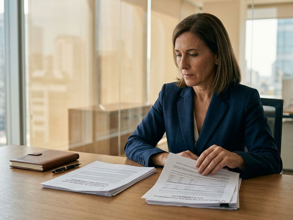 Woman in a navy blazer reviewing and organizing printed documents at a wooden desk in a modern office with large windows.
