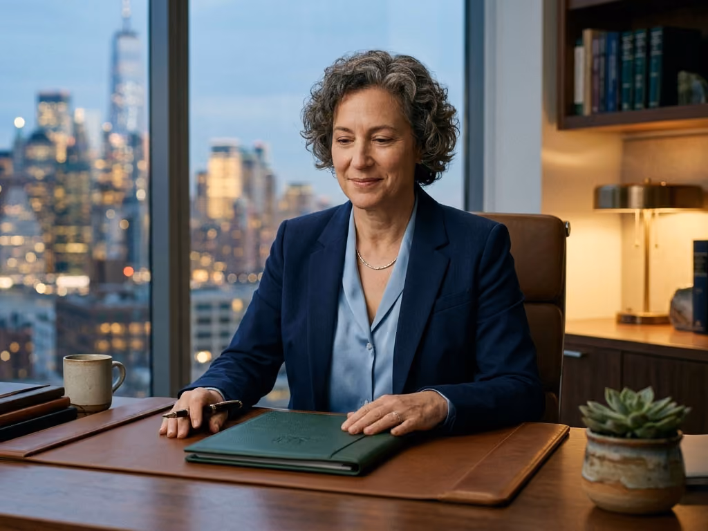 Woman in a navy blazer sitting at a desk with a green folder, city skyline visible through large windows behind her.