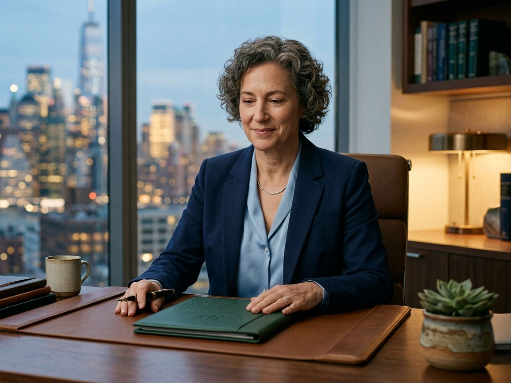 Woman in a navy blazer sitting at a desk with a green folder, city skyline visible through large windows behind her.