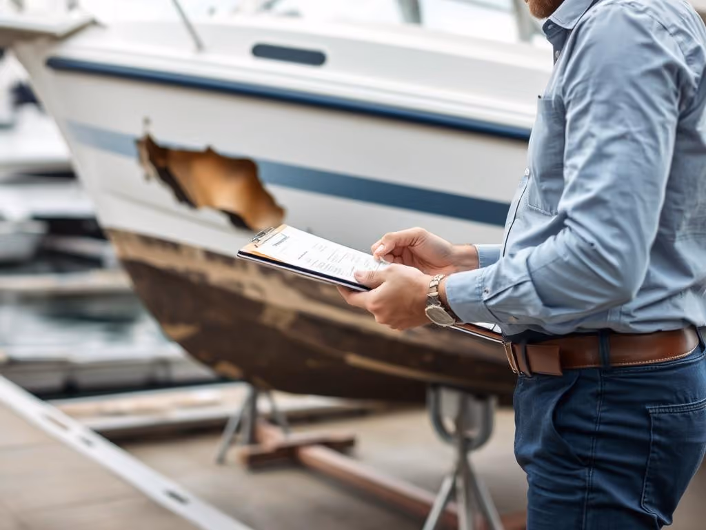 Insurance adjuster inspecting boat damage in Long Island marina