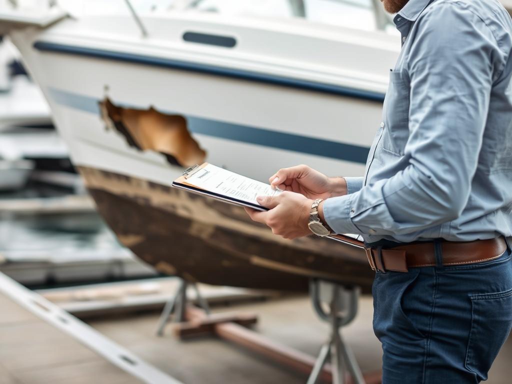 Insurance adjuster inspecting boat damage in Long Island marina