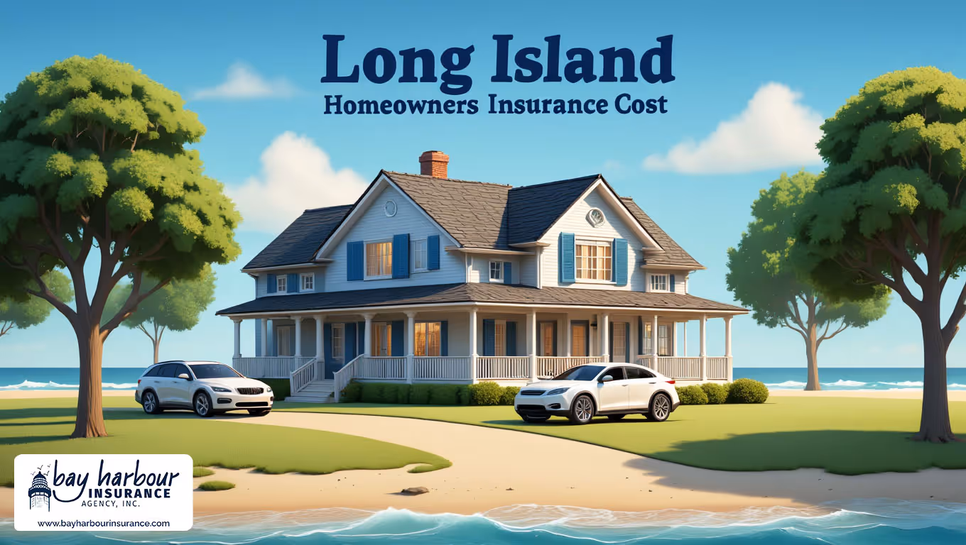 panoramic landscape-oriented illustration showcases a residential beachfront scene on Long Island - Long Island homeowners insurance average cost concept main image