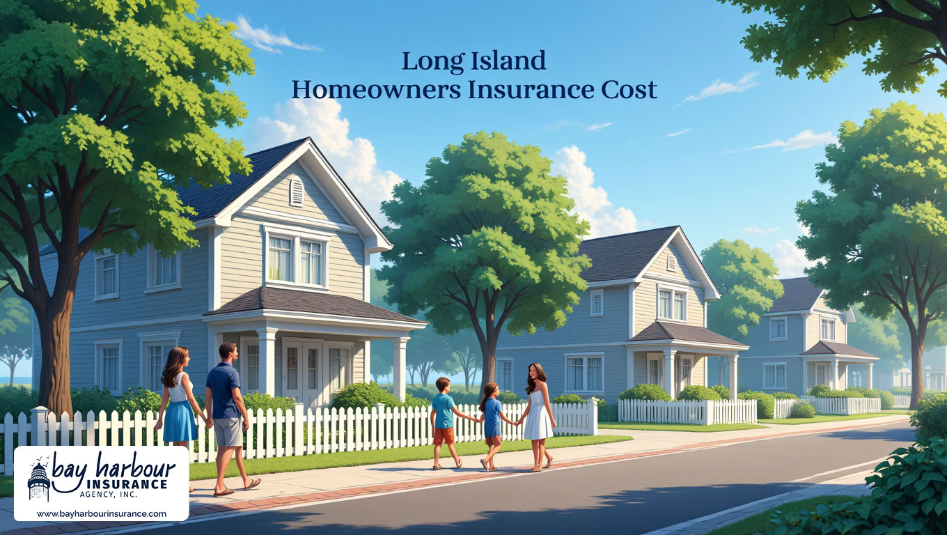 panoramic landscape-oriented illustration depicts a suburban Long Island neighborhood with three two-story beach homes- Long Island homeowners insurance average cost concept