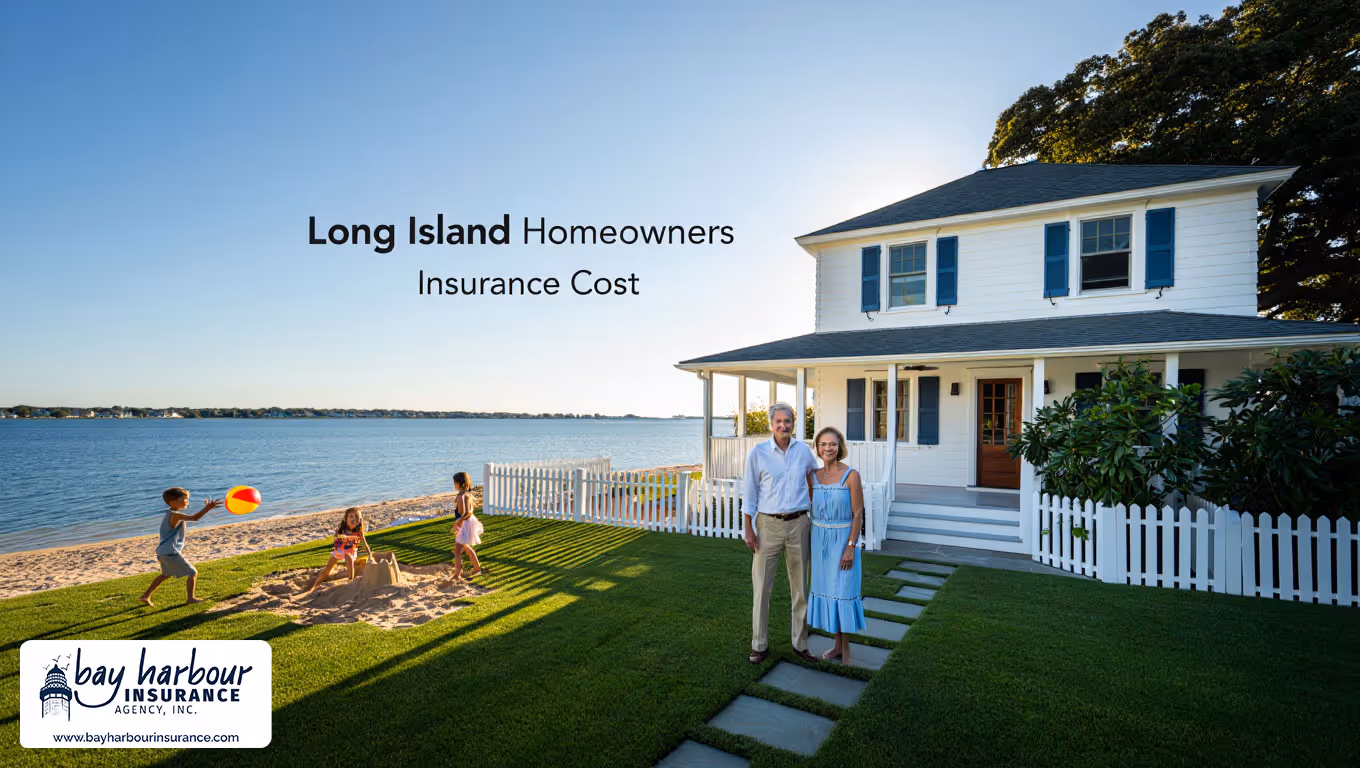 wide-angle photograph shows a waterfront house on Long Island, with text reading "Long Island Homeowners Insurance Cost - Long Island homeowners insurance average cost concept