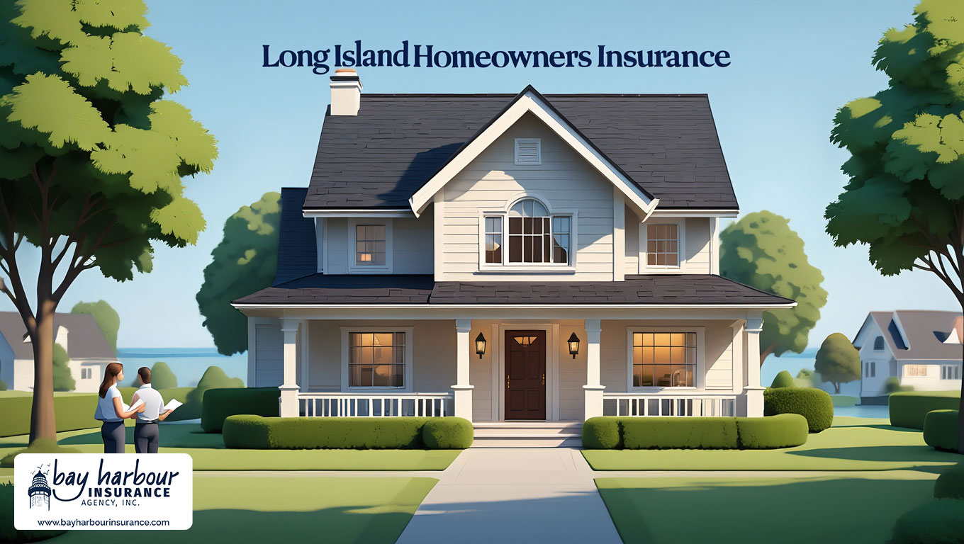 realistic digital illustration of a two-story suburban home in Long Island, New York, positioned in the center of a landscape-oriented composition - Long Island homeowners insurance average cost concept
