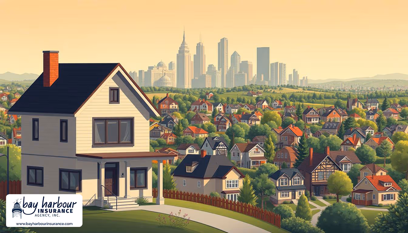 illustration of long island ny homes with NYC in the background - Long Island homeowners insurance average cost concept