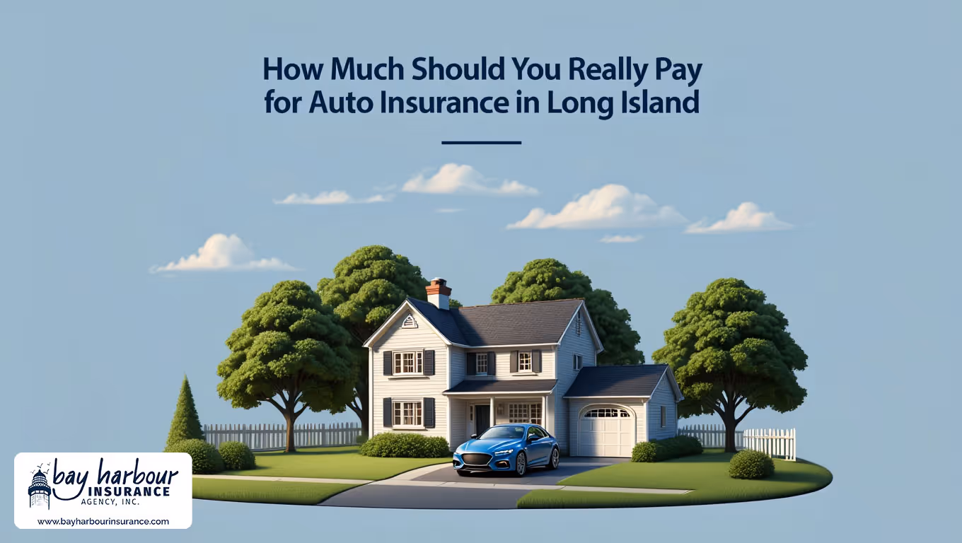 illustration shows a modern blue sedan parked in a suburban Long Island driveway- how much for auto insurance in long island nh concept