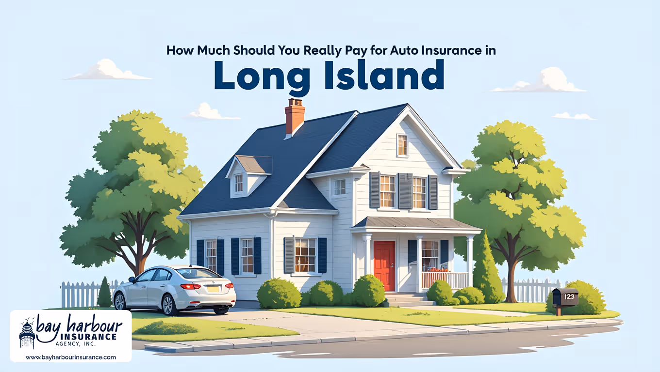 illustration shows a residential street scene in Long Island, New York, with a white two-story house - how much for auto insurance in long island nh concept
