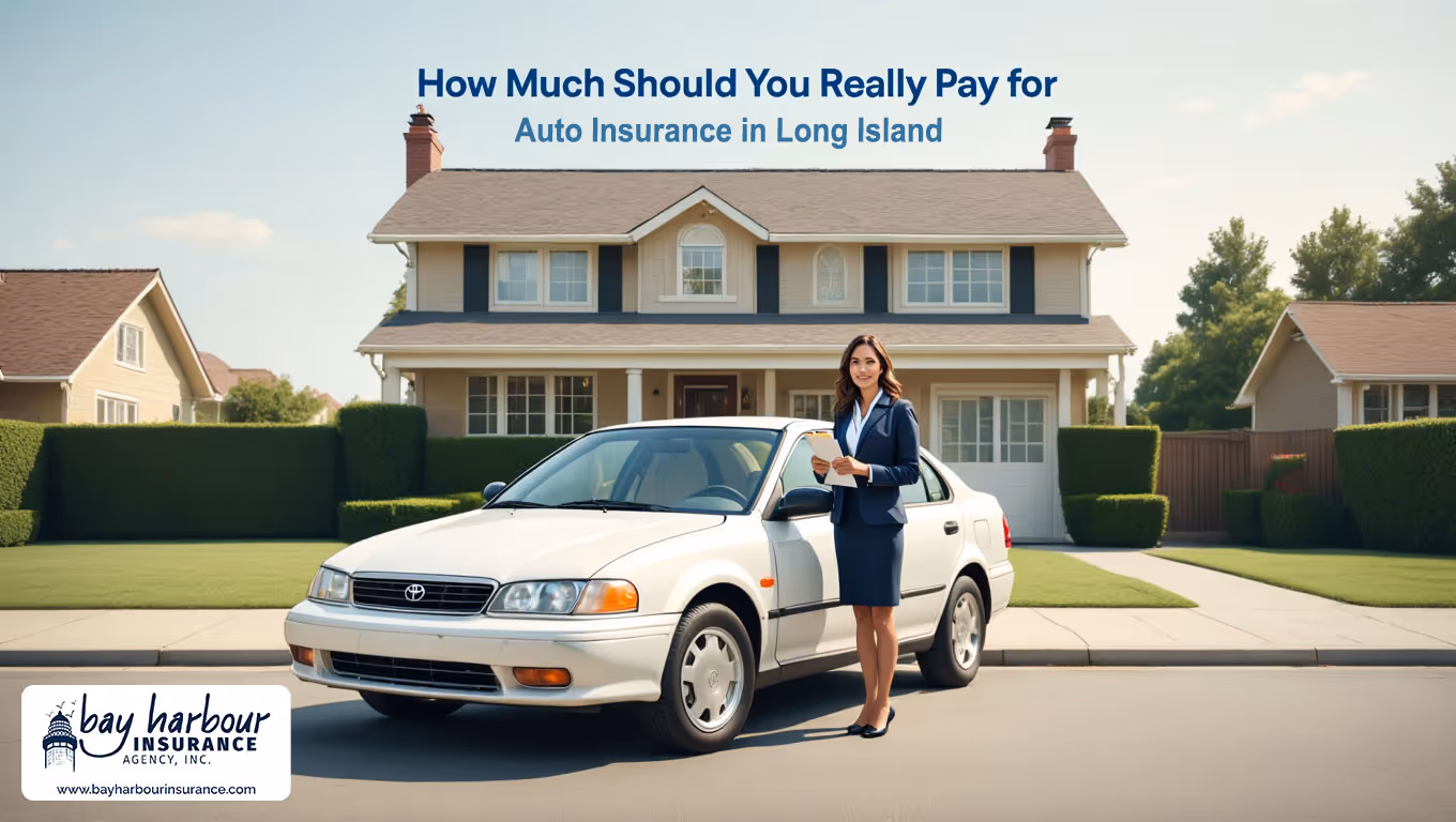 white Toyota sedan sits in a suburban Long Island driveway, positioned in front of a two-story colonial-style house - how much for auto insurance in long island nh concept