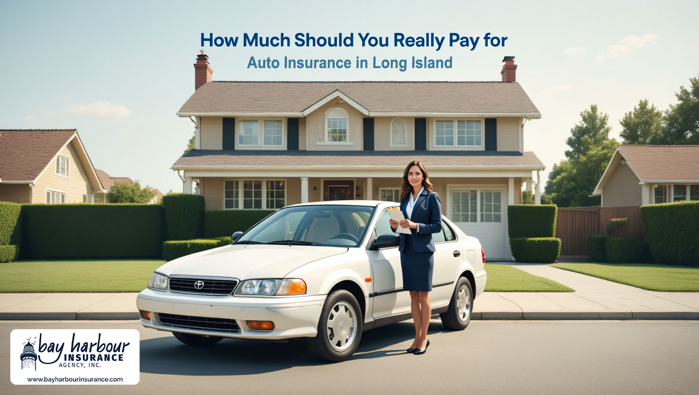 white Toyota sedan sits in a suburban Long Island driveway, positioned in front of a two-story colonial-style house - how much for auto insurance in long island nh concept