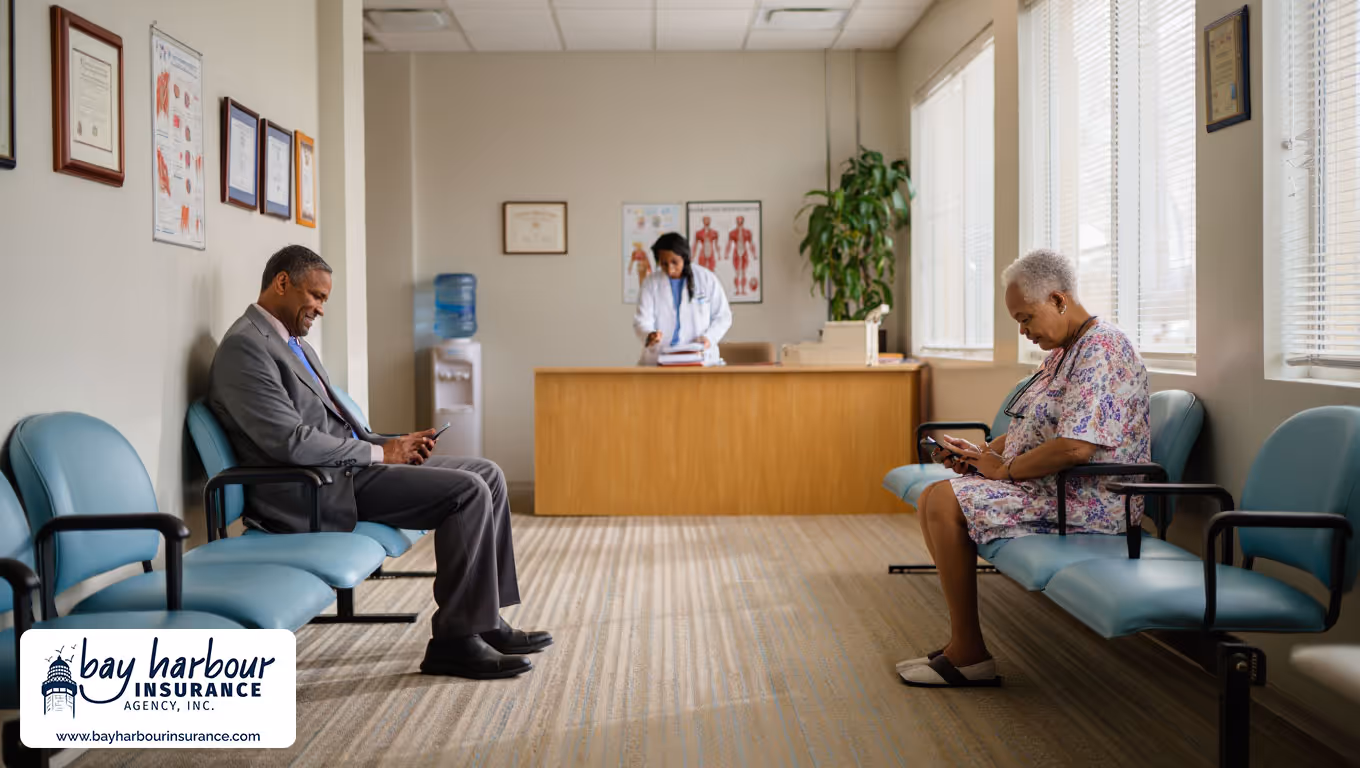 medical office waiting room with white walls and light blue vinyl chairs arranged in rows along beige walls - business professional liability insurance long island concept