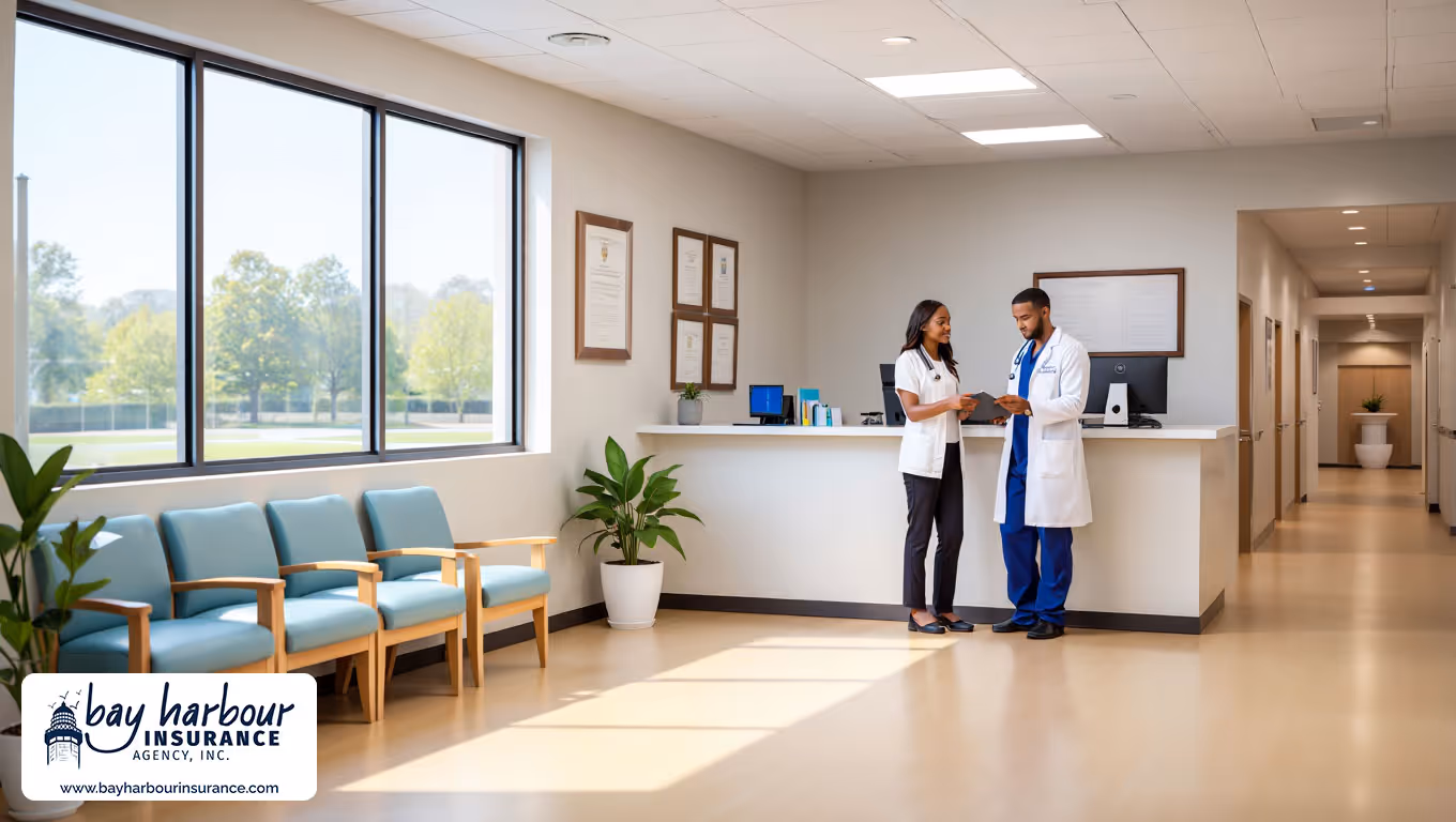 medical office lobby in Long Island, NY with a healthcare professional in a white lab coat and navy blue scrubs standing next to a reception desk -  business professional liability insurance long island concept