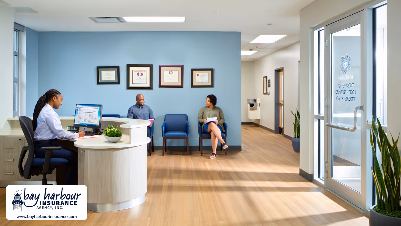 modern medical office waiting room in Long Island, NY features a receptionist in business attire seated behind a curved white desk with a computer monitor -  business professional liability insurance long island concept