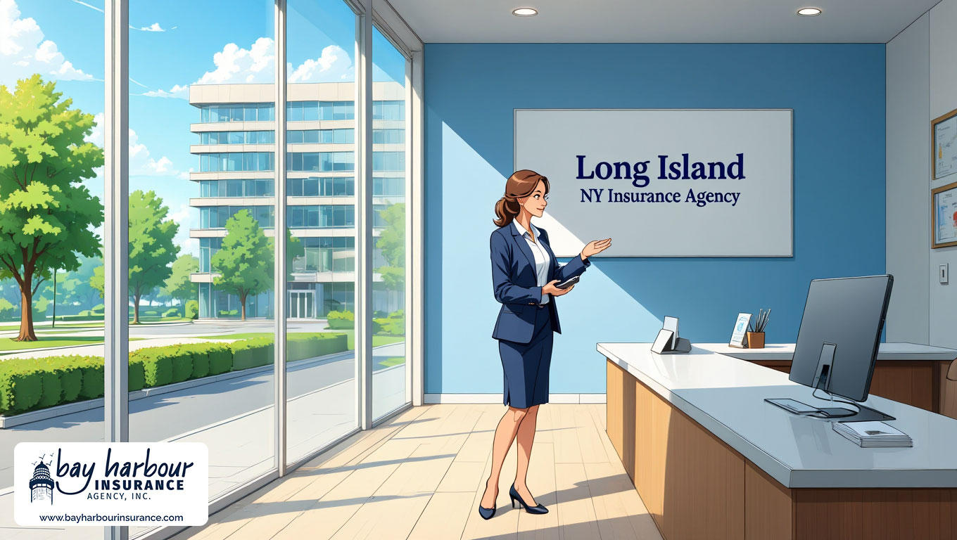 illustration depicts a modern insurance office in Long Island, NY, with a glass-fronted office building entrance reflecting a sunny day - insurance agency near me long island concept