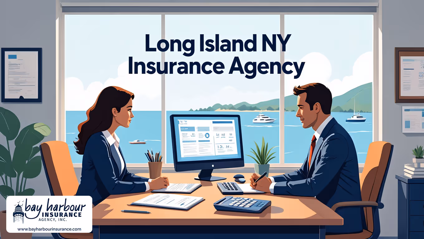 llustration depicts a contemporary office scene in Long Island, NY with two insurance agents in business attire seated at a wooden desk - insurance agency near me long island concept