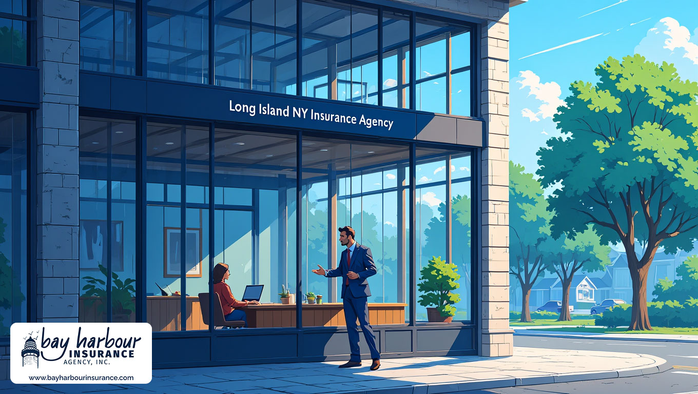 modern office building in Long Island, New York serves as the focal point of a landscape-oriented illustration- insurance agency near me long island concept