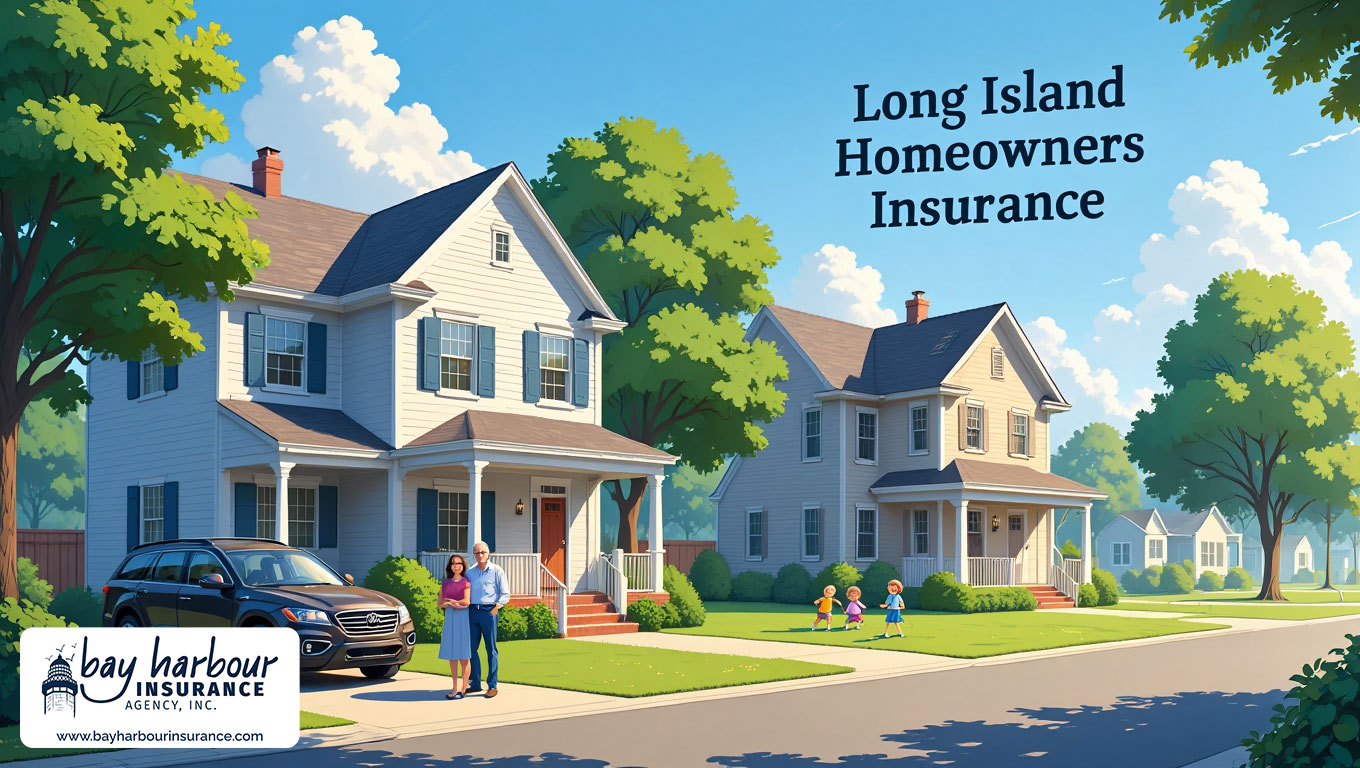 illustration depicting a typical Long Island suburban neighborhood shows three single-family homes with manicured lawns - homeowners insurance agency near me long island concept
