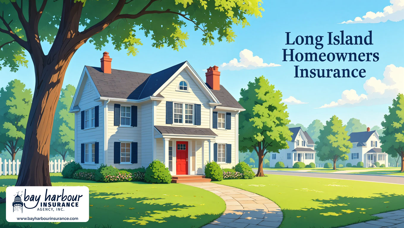 illustration of a suburban Long Island neighborhood features a two-story colonial-style house with white siding and blue shutters - homeowners insurance agency near me long island concept