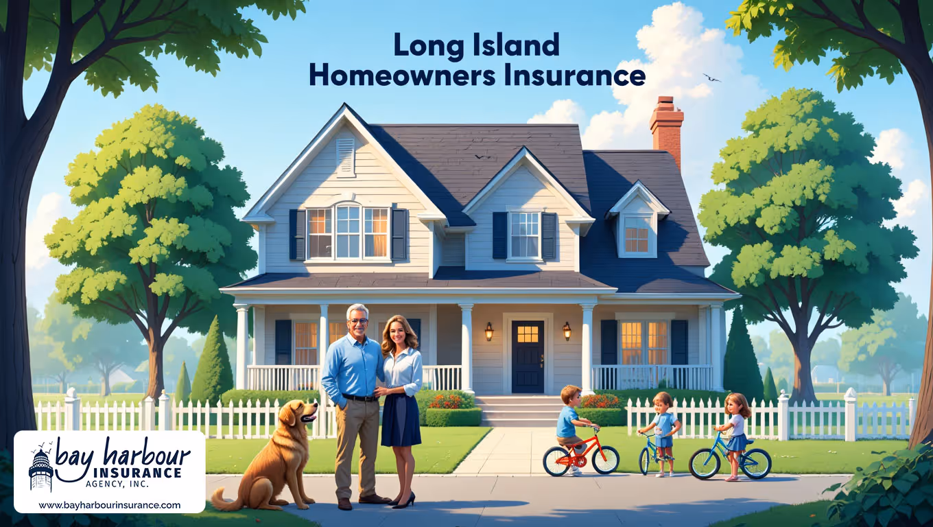illustration shows a large suburban Long Island home with white siding and dark blue shutters centered in the composition- homeowners insurance agency near me long island concept