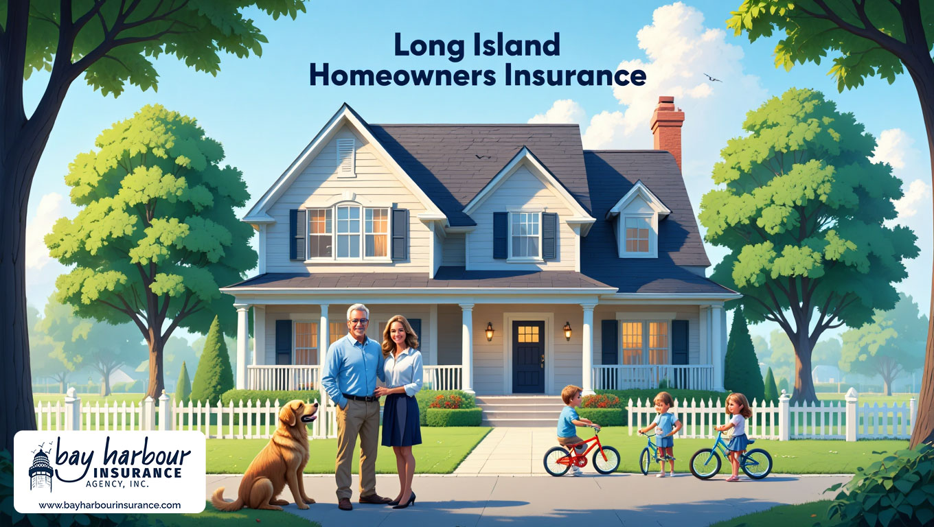 illustration shows a large suburban Long Island home with white siding and dark blue shutters centered in the composition- homeowners insurance agency near me long island concept