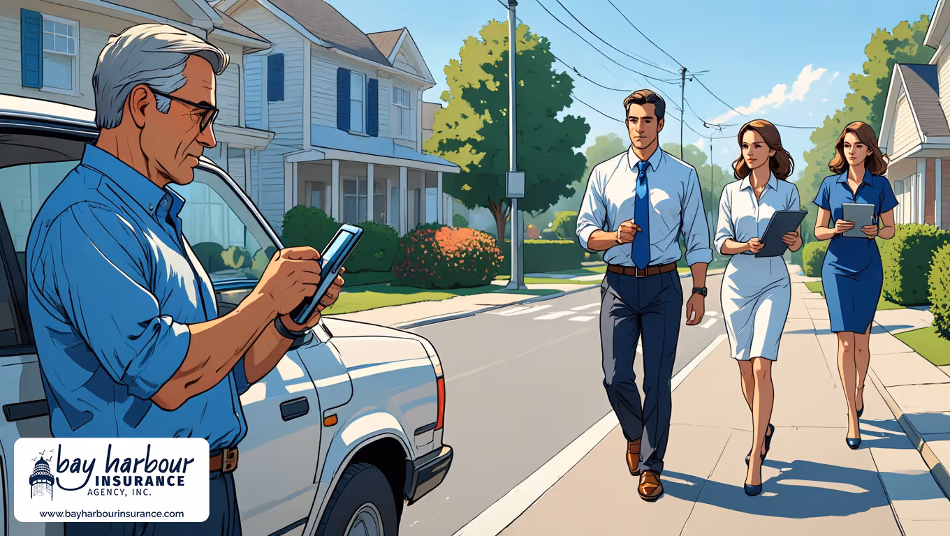 illustration features a Long Island suburban intersection where a middle-aged man in a blue button-down shirt stands beside his white pickup truck - compare ny auto insurance quotes long island concept
