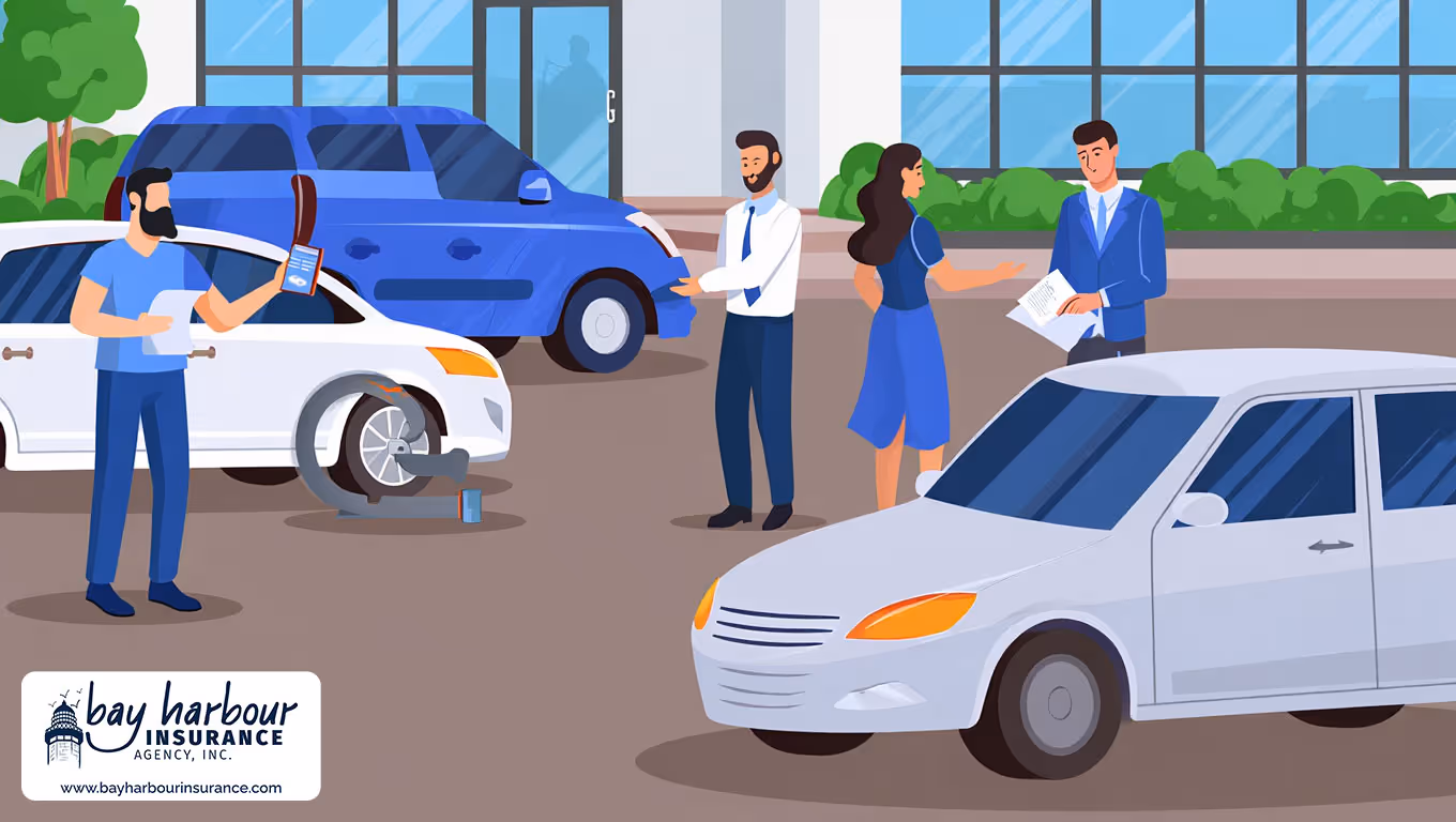 illustration shows a Long Island parking lot outside a modern office building with glass windows reflecting the blue sky - compare ny auto insurance quotes long island concept