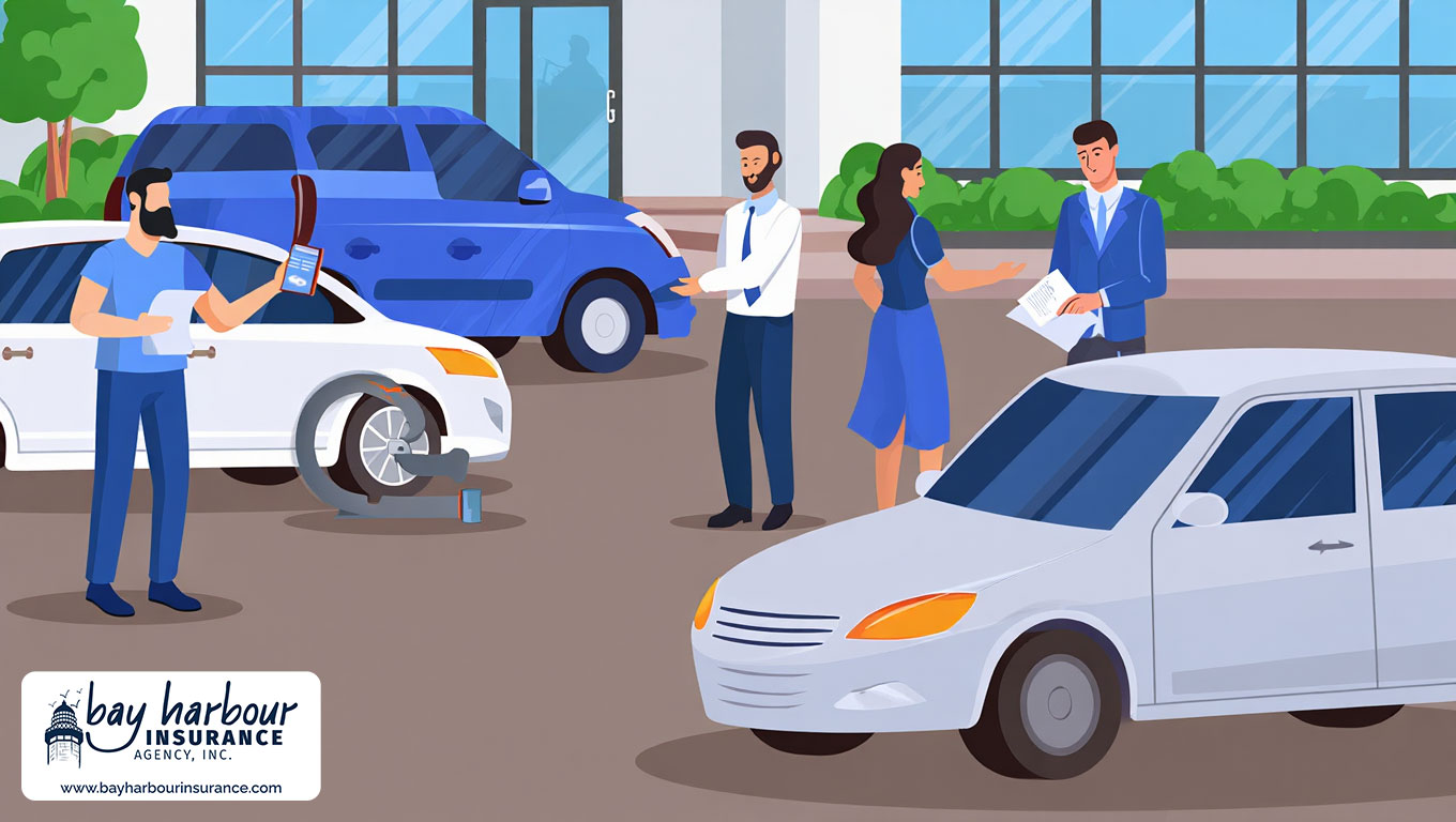 illustration shows a Long Island parking lot outside a modern office building with glass windows reflecting the blue sky -  compare ny auto insurance quotes long island concept