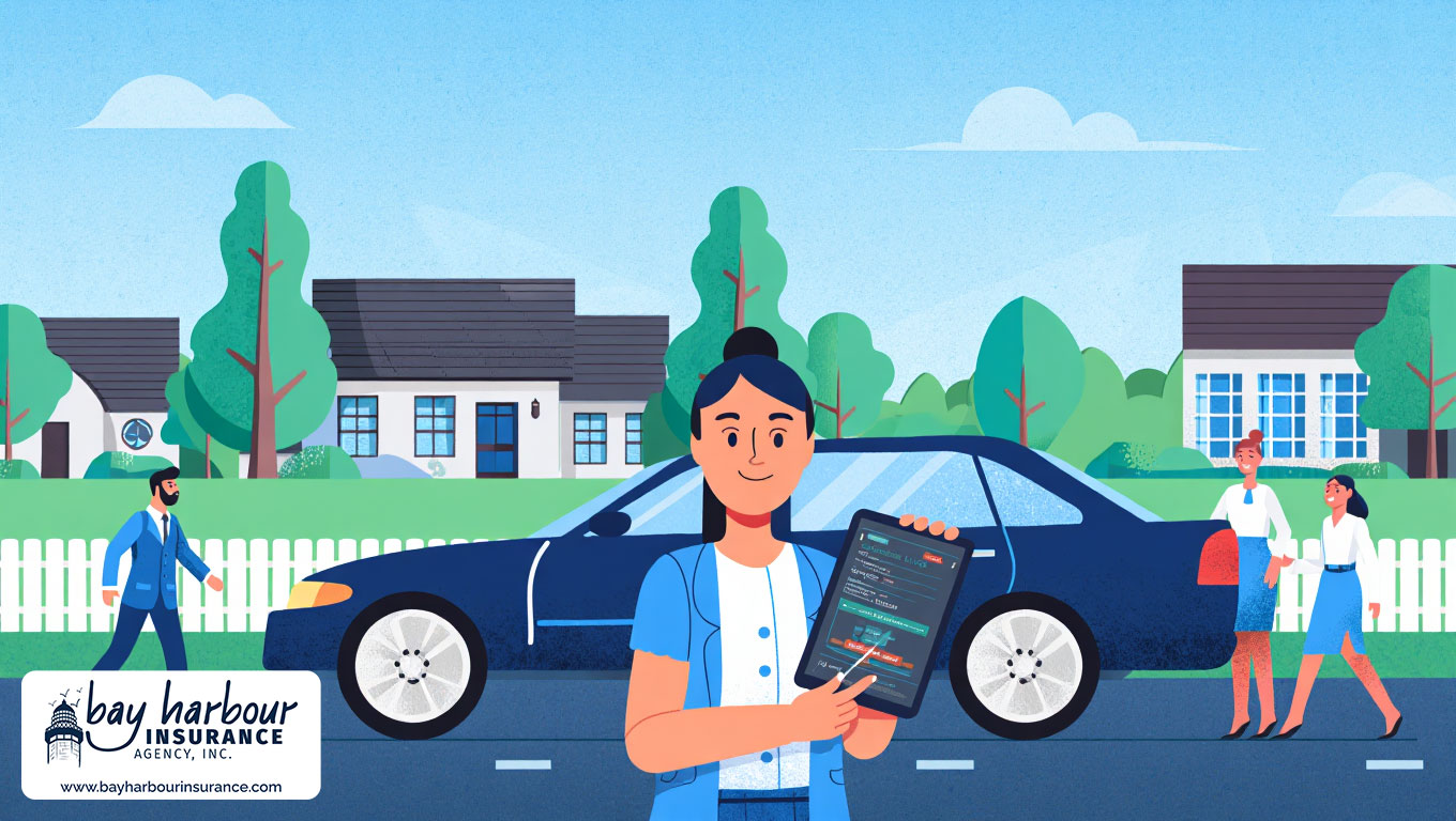 illustration depicts a Long Island residential street with a young professional woman in a white blouse and blue blazer standing next to her navy blue sedan -  compare ny auto insurance quotes long island concept