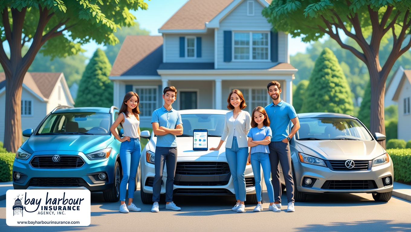 illustration shows a modern suburban Long Island driveway with three different cars parked side by side - compare ny auto insurance quotes long island concept