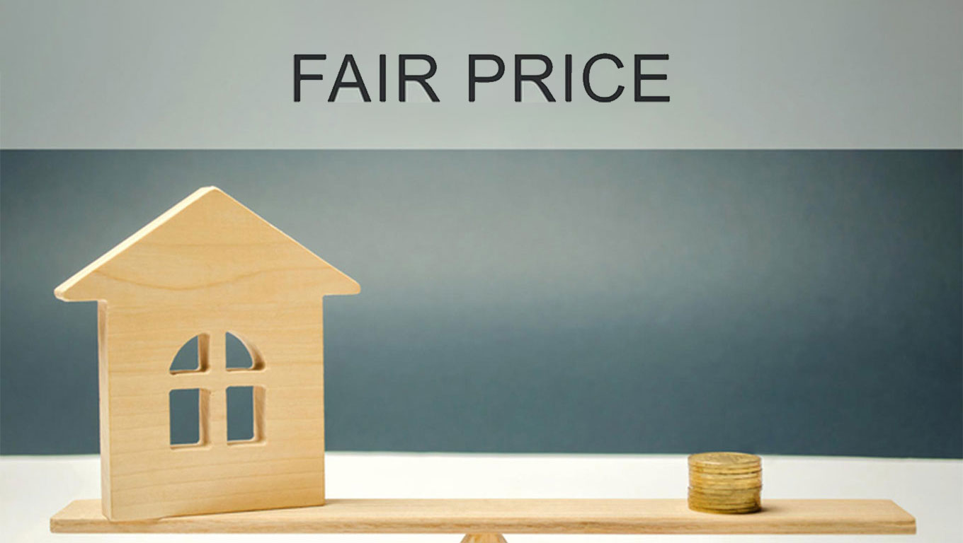 coins and house on the scales with the words Fair price