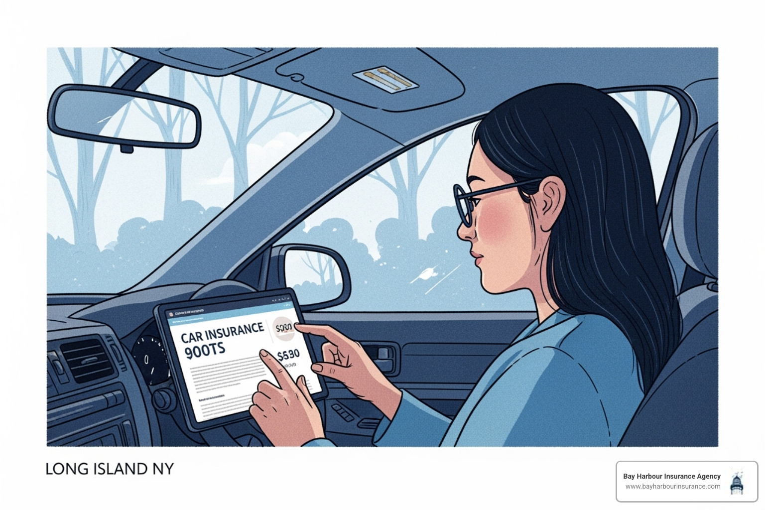 Woman reviewing car insurance rates on tablet while sitting in vehicle