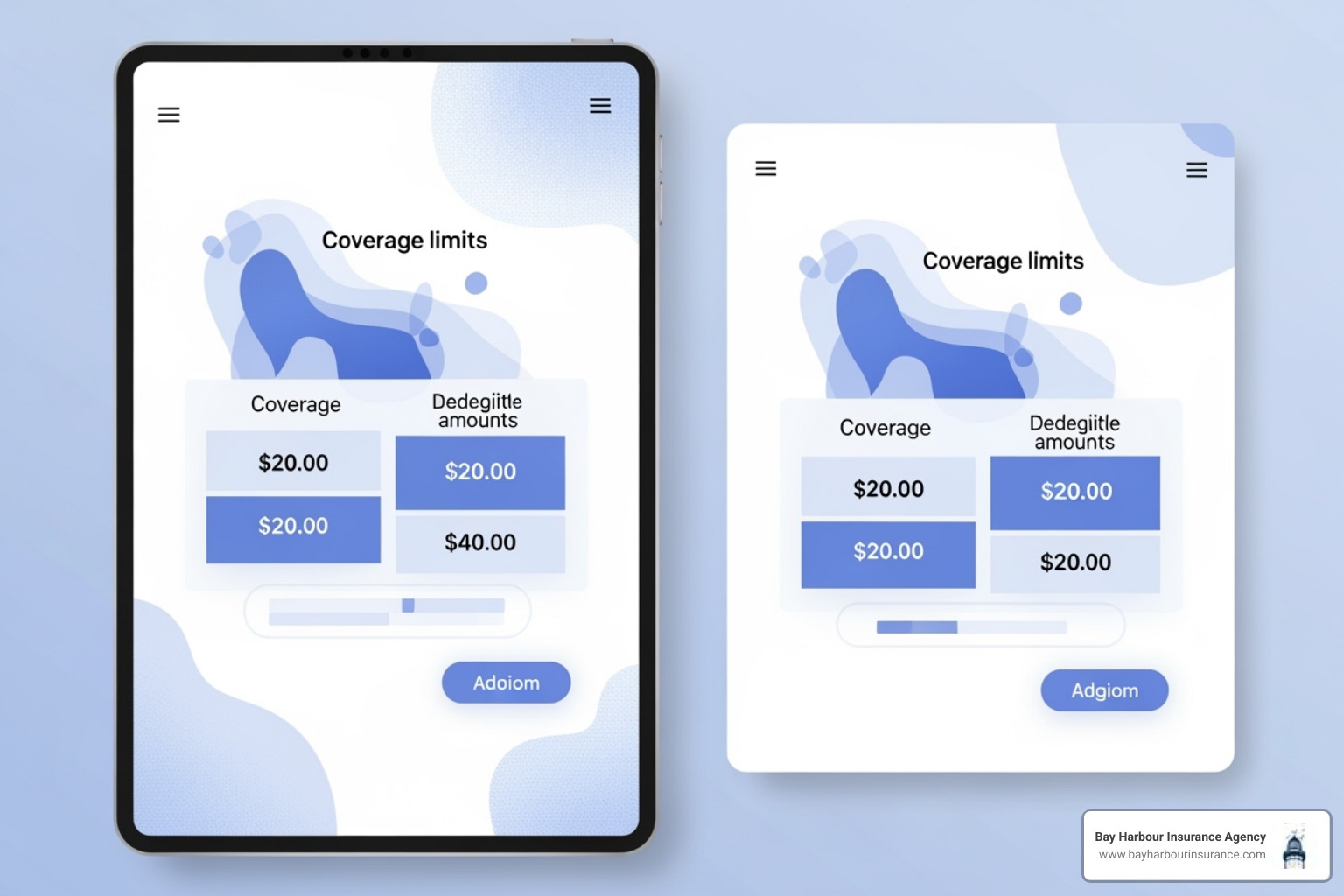 A side-by-side comparison of two different insurance quotes displayed on a tablet screen, highlighting identical coverage limits and deductible amounts, with a calming blue and white color scheme. - vehicle insurance quotes online