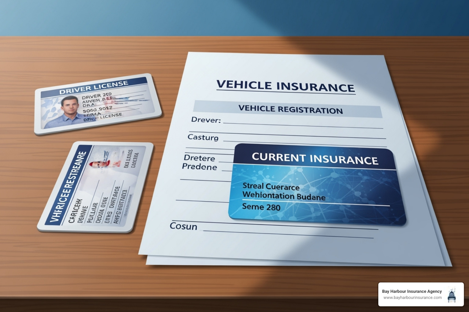 A collection of documents, including a driver's license, vehicle registration, and current insurance card, neatly arranged on a wooden desk with a calming blue and white palette. - vehicle insurance quotes online