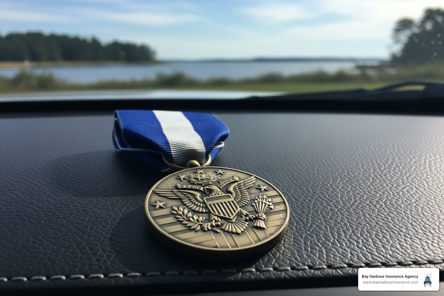 Military medal on car dashboard - car insurance for veterans