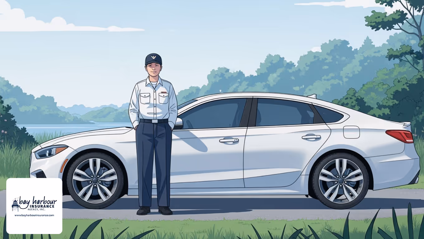 Insurance agent standing next to a white car with Bay Harbour Insurance logo in the corner.