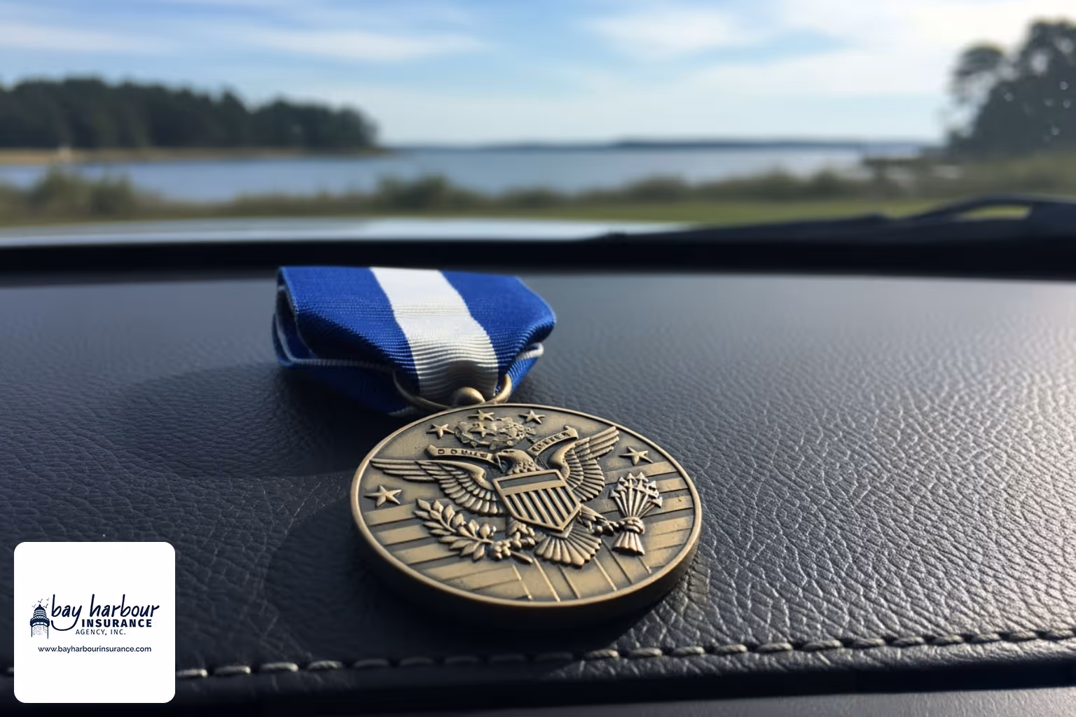 Military medal on car dashboard - car insurance for veterans