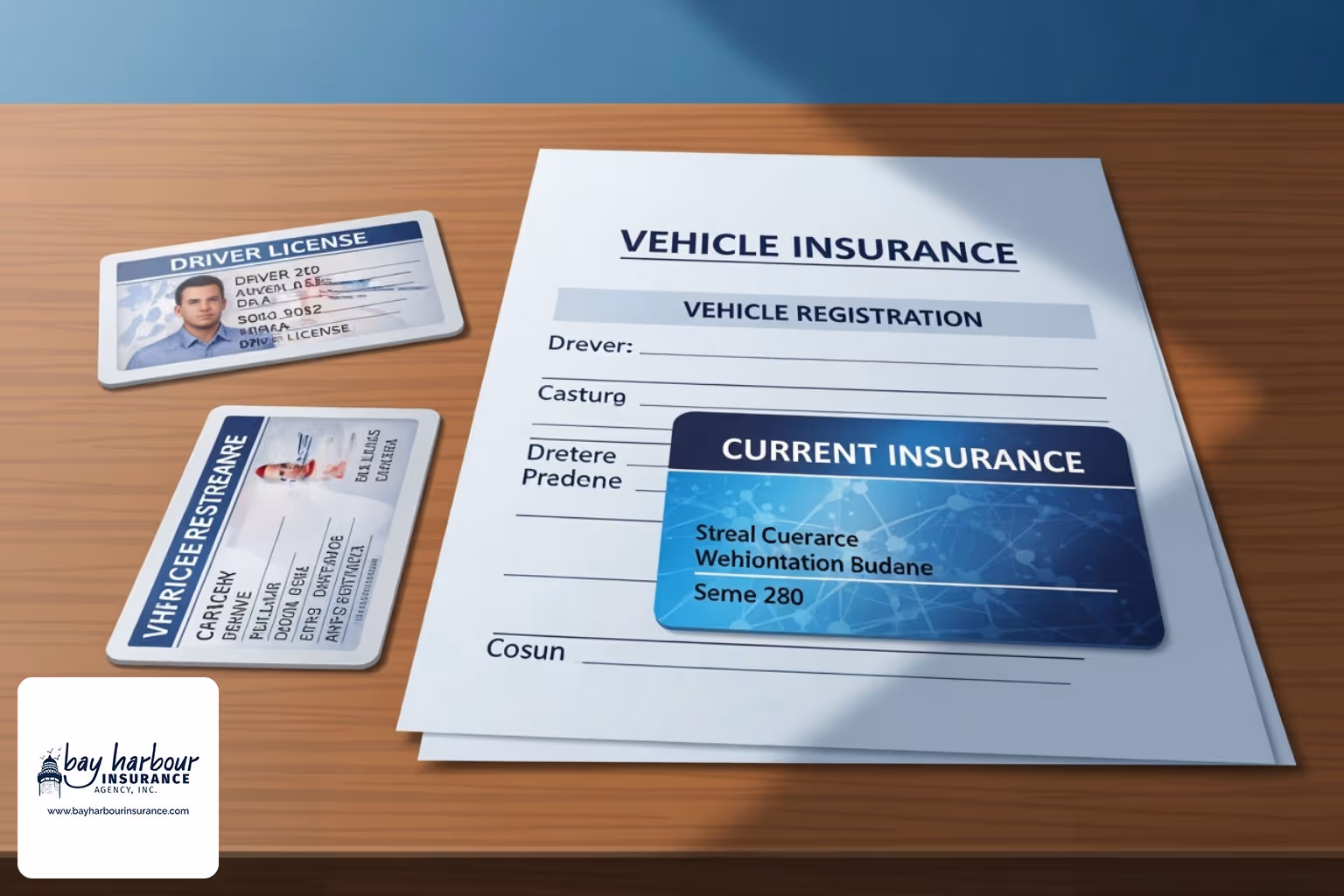 A collection of documents, including a driver's license, vehicle registration, and current insurance card, neatly arranged on a wooden desk with a calming blue and white palette. - vehicle insurance quotes online
