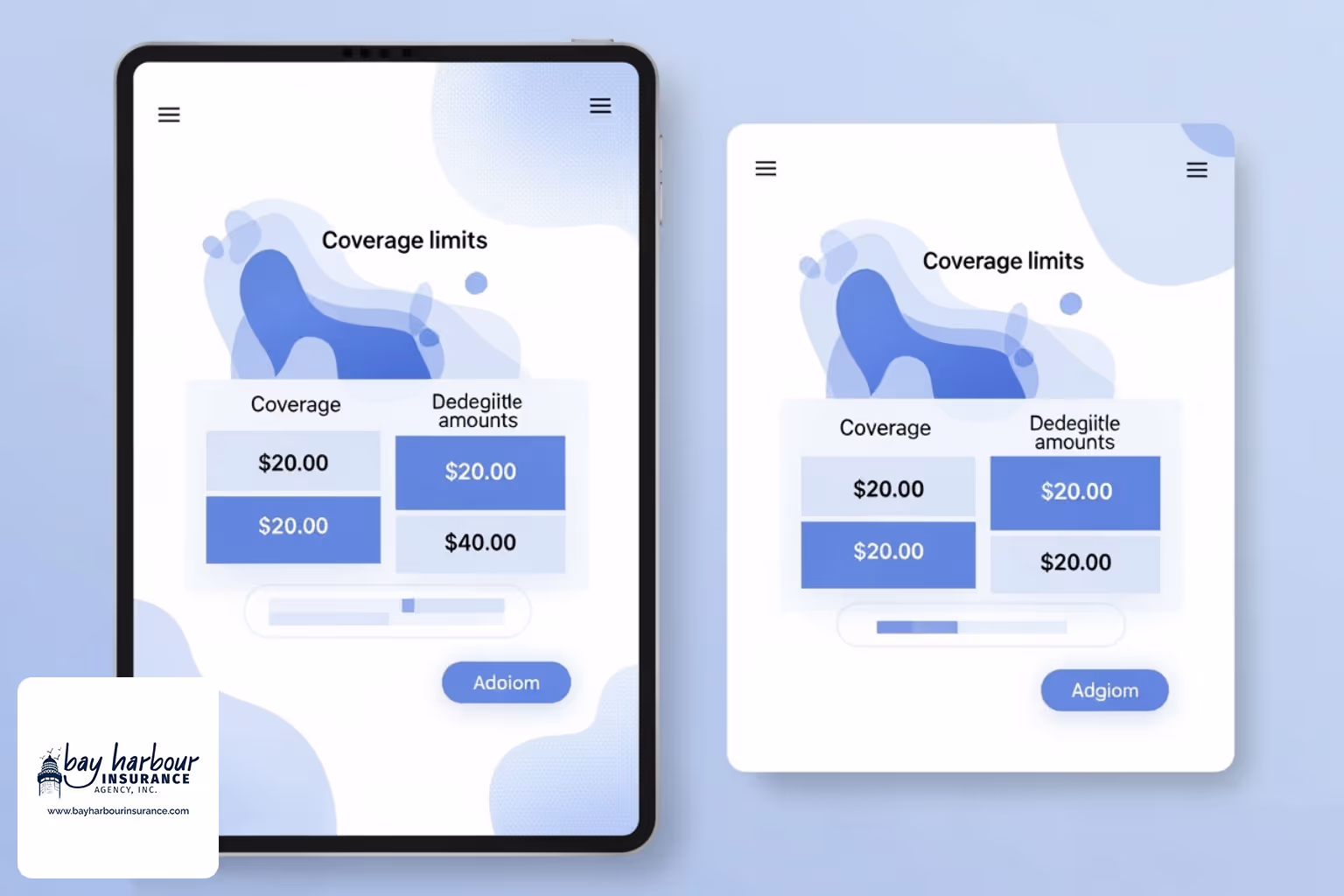 A side-by-side comparison of two different insurance quotes displayed on a tablet screen, highlighting identical coverage limits and deductible amounts, with a calming blue and white color scheme. - vehicle insurance quotes online