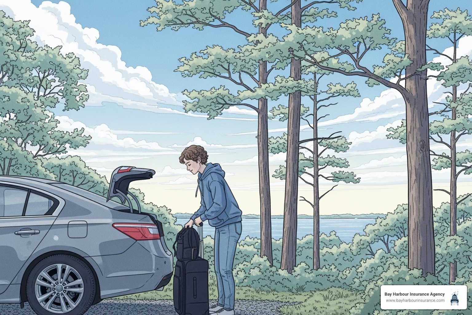 Illustration of a college student returning home for break, unpacking a car, with a Long Island landscape in the background Illustration of a college student returning home for break, unpacking a car, with a Long Island landscape in the background