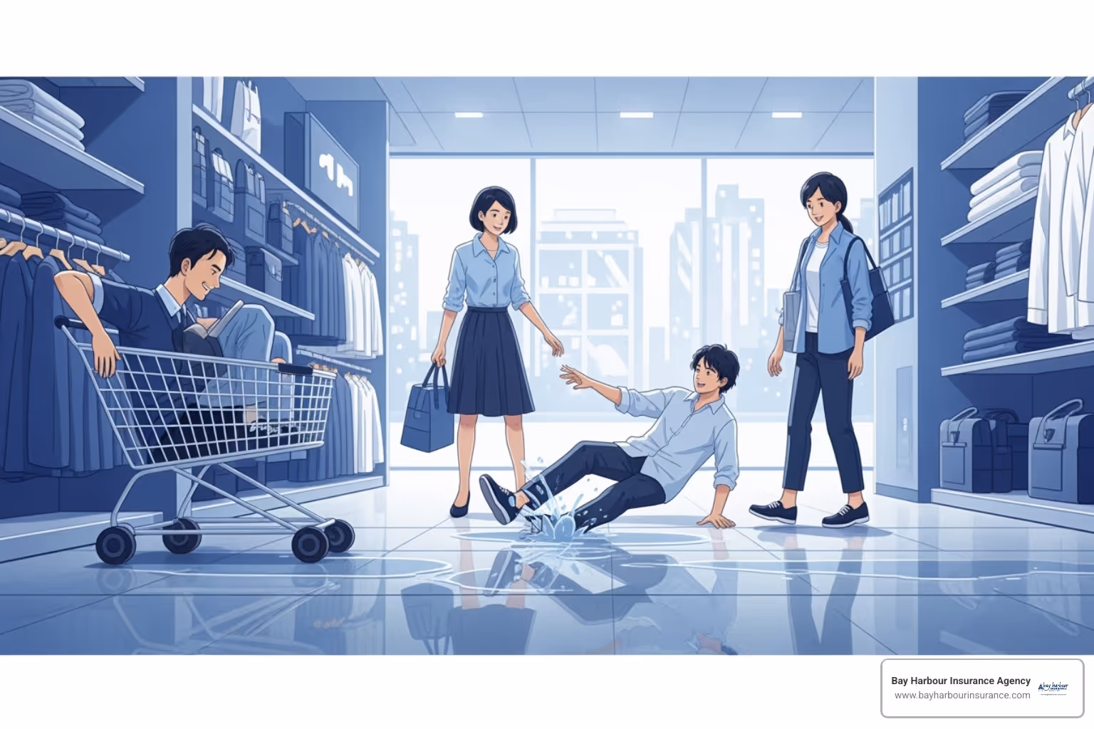 illustration of a person slipping on a wet floor in a store, with the Bay Harbour Insurance Agency logo in the bottom left corner - general liability insurance for business owners