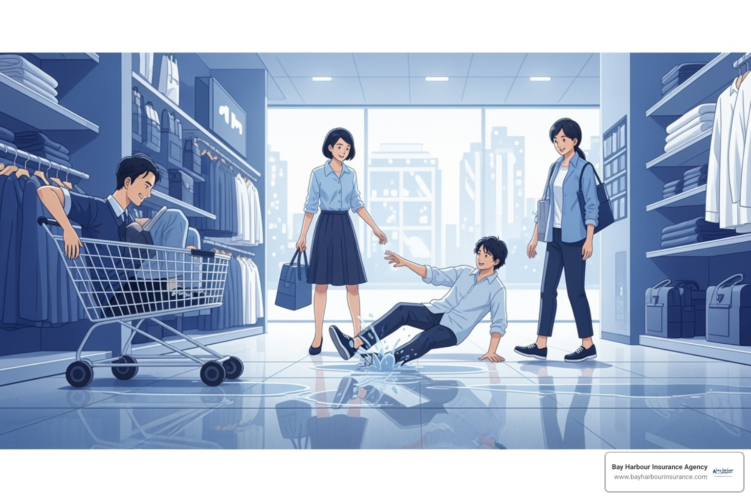 illustration of a person slipping on a wet floor in a store, with the Bay Harbour Insurance Agency logo in the bottom left corner - general liability insurance for business owners illustration of a person slipping on a wet floor in a store, with the Bay Harbour Insurance Agency logo in the bottom left corner - general liability insurance for business owners