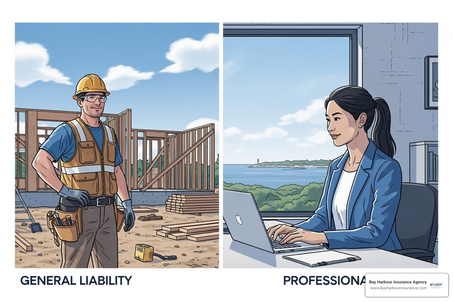 Split screen showing a contractor on one side (General Liability) and a consultant on the other (Professional Liability), with the Bay Harbour Insurance Agency logo in the bottom left corner - general liability insurance for business owners Split screen showing a contractor on one side (General Liability) and a consultant on the other (Professional Liability), with the Bay Harbour Insurance Agency logo in the bottom left corner - general liability insurance for business owners
