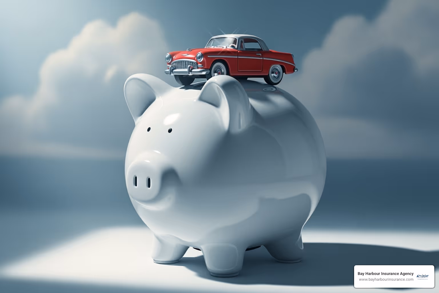 Piggy bank with a toy car on top symbolizing savings on auto insurance