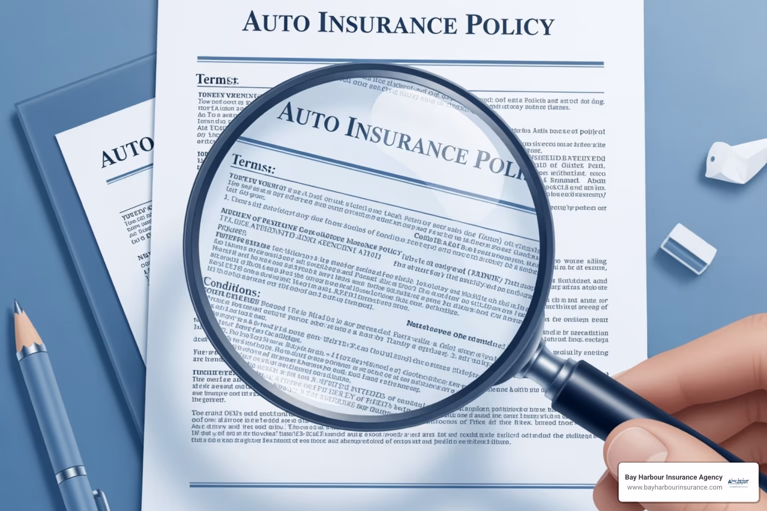 Magnifying glass over an auto insurance policy document