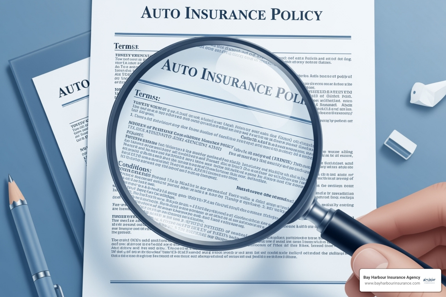 Magnifying glass over an auto insurance policy document Magnifying glass over an auto insurance policy document