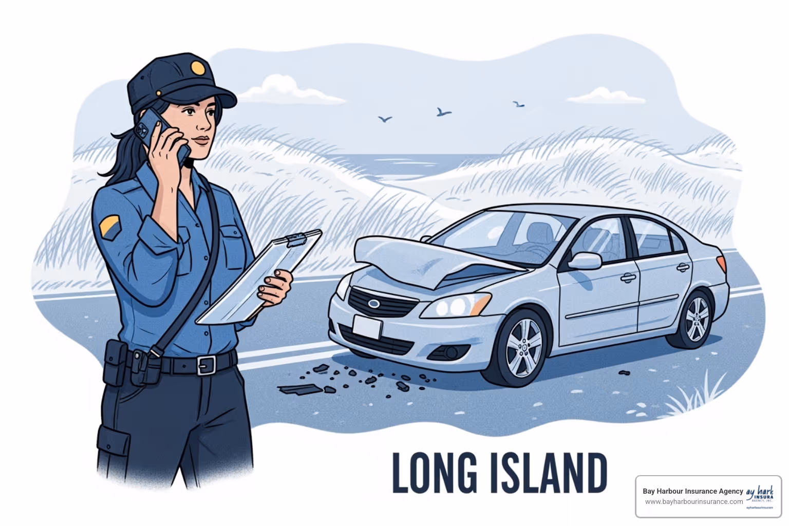 illustration of a driver on the phone after a minor accident, with a checklist overlay for documenting the scene, on a Long Island road - Car insurance Medford NY