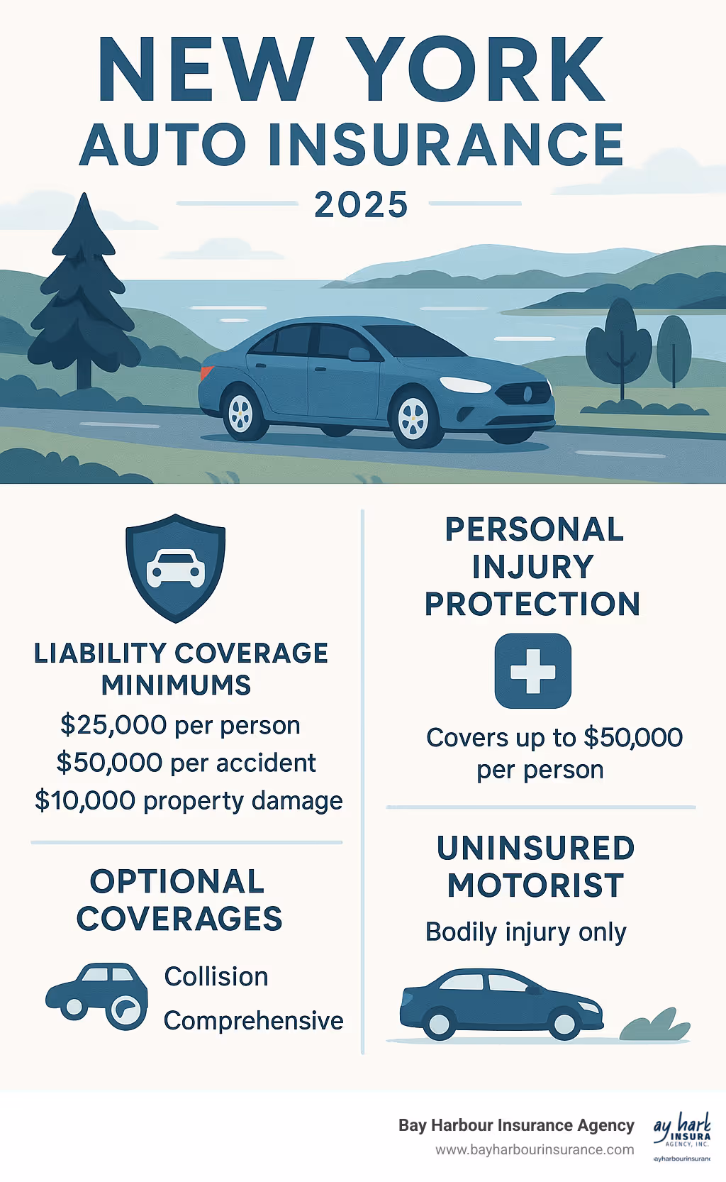 Comprehensive infographic showing New York auto insurance policy components including liability coverage minimums, Personal Injury Protection benefits, uninsured motorist protection, and optional coverages like collision and comprehensive, designed with Long Island scenery and calming blue and white color scheme - Car insurance Medford NY infographic 