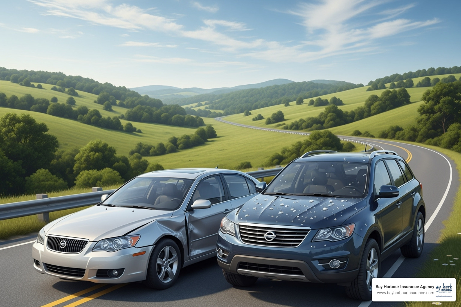 illustration of the difference between collision damage, shown as a dented car fender from an impact, and comprehensive damage, depicted as a car with hail damage, on a Long Island road - Car insurance Medford NY