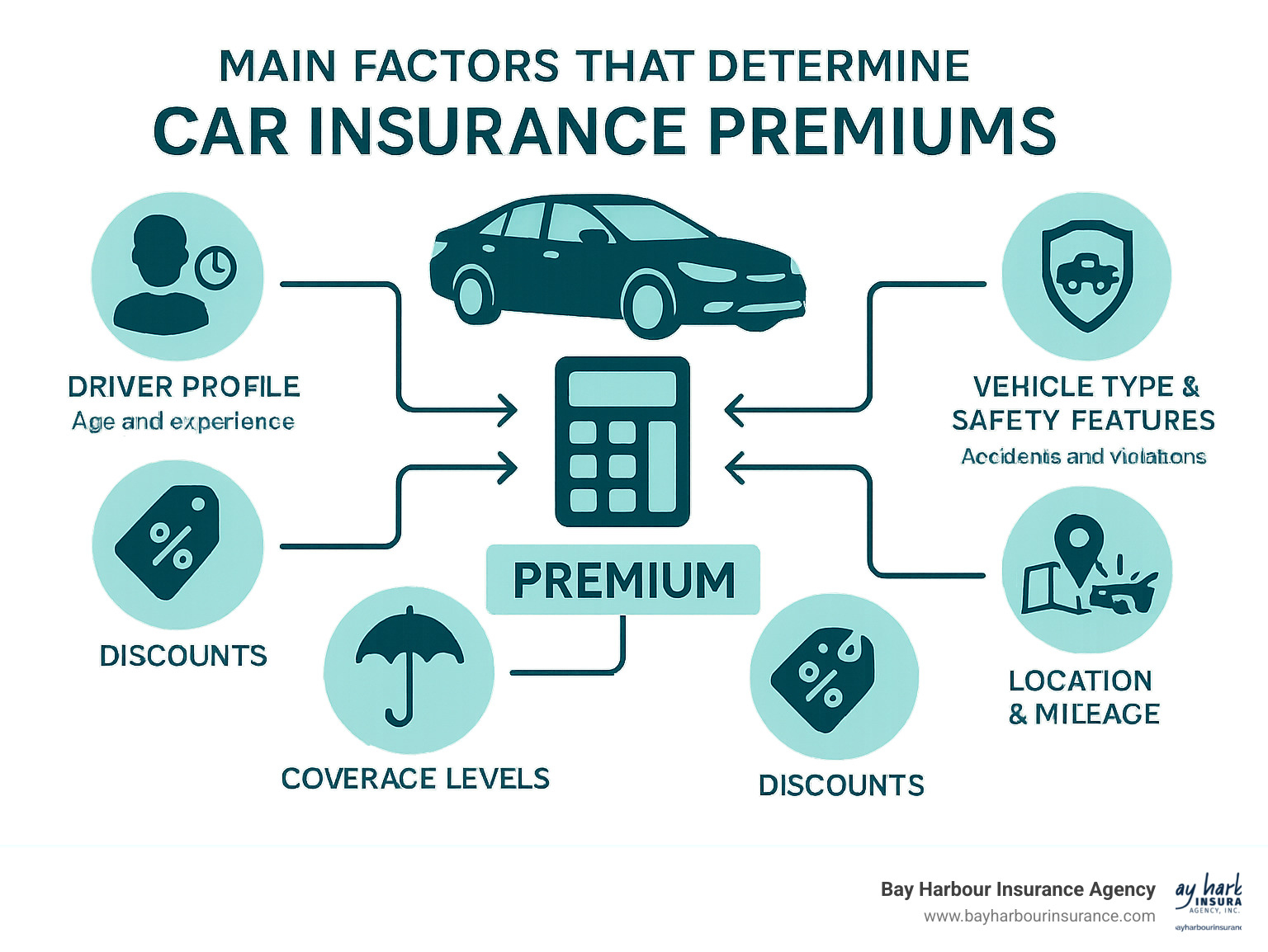 Infographic showing the main factors that determine car insurance premiums: driver profile including age and experience, vehicle type and safety features, driving record with accidents and violations, location and mileage, coverage levels selected, and available discounts, all feeding into the final premium calculation - cheap car insurance infographic Infographic showing the main factors that determine car insurance premiums: driver profile including age and experience, vehicle type and safety features, driving record with accidents and violations, location and mileage, coverage levels selected, and available discounts, all feeding into the final premium calculation - cheap car insurance infographic
