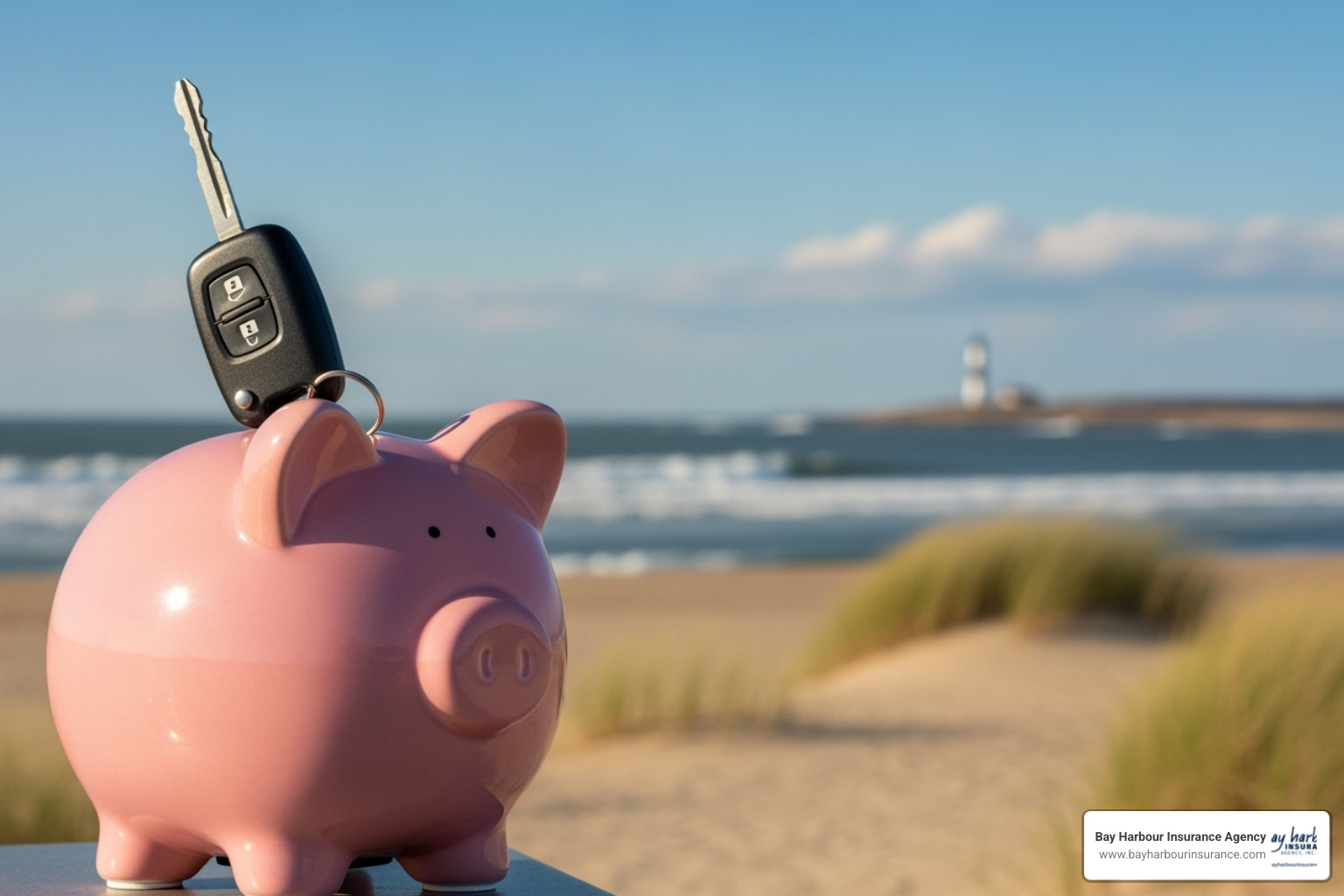 A piggy bank with a car key next to it, set against a blurred background of a Long Island beach and clear blue sky - cheap car insurance A piggy bank with a car key next to it, set against a blurred background of a Long Island beach and clear blue sky - cheap car insurance